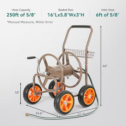 250FT Garden Hose Reel Cart, 10" NO-FLAT Tires,5/8 in, Steel Frame - color: Brown