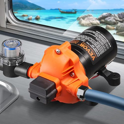 VEVOR 12V Diaphragm Pump, 3 GPM (11.36 L/min), 3-Chamber 12 Volt DC Water Pump with Automatic Pressure Switch 40-100 PSI Adjustable, 50 PSI, 1/2'' MNPT Port, for RV Yacht Food Truck Camper Marine - size: 8.27 x 5.43 x 4.92 in
