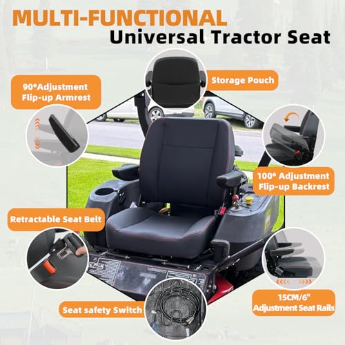 Universal Forklift Seat, Fold Down Tractor Seat with Adjustment Armrest, Safety Belt and Operator Position Switch, Excavator Skid Loader Backhoe Dozer Telehandler