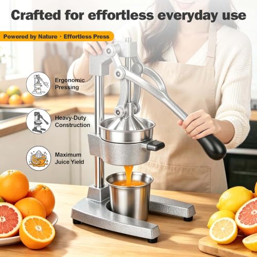 Cast Iron Orange Juicer Squeezer Hand Press Heavy Duty Countertop Squeezer Manual Citrus Juicer with Stainless Steel Cup for juicing oranges, lemons, pomegranates, limes, citrus, etc（silvery） - color: Silvery