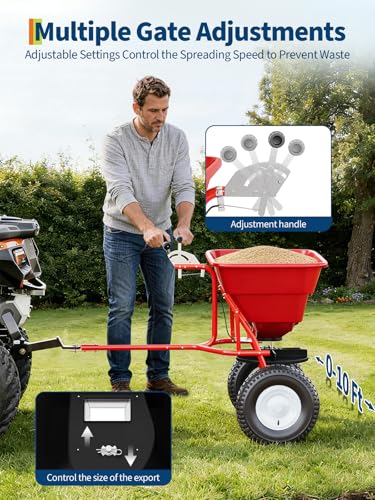TrailBlaze 85 lbs Tow-Behind Broadcast Spreader for Lawn & Farm – 10" Pneumatic Tires – Adjustable Stream Control – Red Steel Bucket & Frame – Ideal for Fertilizer, Seed, Salt, Ice Melt
