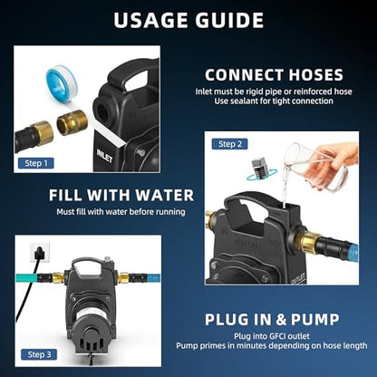 1/2 HP Water Transfer Pump, 1320 GPH, 47 PSI, Brass Connectors, 115V
