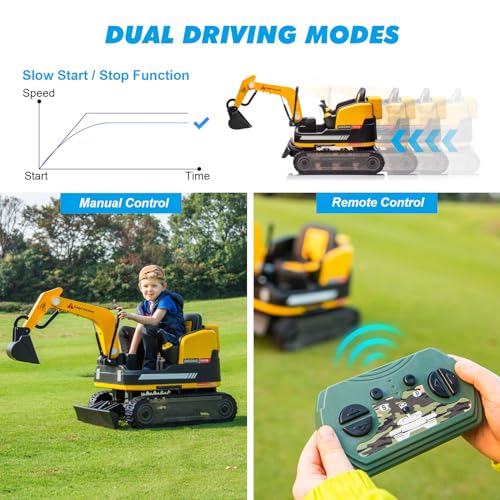 JOYLDIAS 360 Degree Rotating Ride On Excavator and Bulldozer - color: Yellow