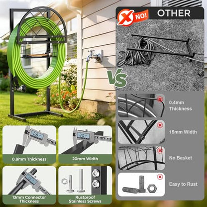 Garden Hose Holder Heavy Duty Water Hose Holder with Storage Basket,Holds Up to 165FT Hose, Freestanding Outdoor Hose Hanger with 4 Spikes Sturdy Hose Stand, for Outside Yard Lawn Patio - color: All Black