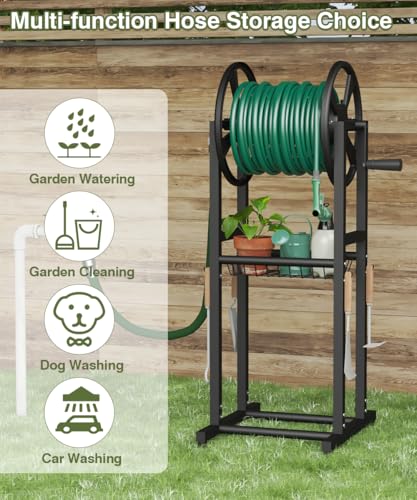 Freestanding Garden Hose Reel holds 125ft Hose of 5/8" with 4 Hooks, 4-Spike Outdoor Hose Holder with 3.9ft Leader Hose & Brass Fitting, Detachable Metal Hose Stand with Storage Rack, Black - color: Black