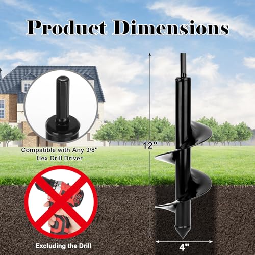 Auger Drill Bit for Planting 1 Pack, 4x12 inch,Auger Drill Bit Suitable for 3/8'' Hex Drill Driver,Garden Spiral Hole and Planter for Bulbs,Fence Posts,and Umbrella Holes - size: 4x12 inch