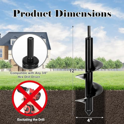 Auger Drill Bit for Planting 1 Pack, 4x12 inch,Auger Drill Bit Suitable for 3/8'' Hex Drill Driver,Garden Spiral Hole and Planter for Bulbs,Fence Posts,and Umbrella Holes - size: 4x12 inch