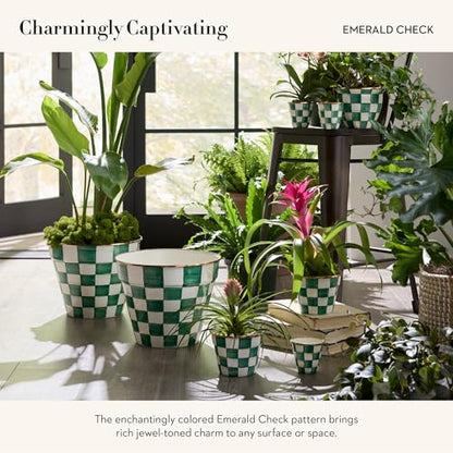 MACKENZIE-CHILDS Enamel Flowerpot, Green-and-White Emerald Check