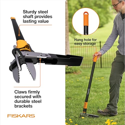 Fiskars Stand-Up Weed Puller Tool, 3 Serrated Stainless Steel Claws, 39" - style: 3-claw
