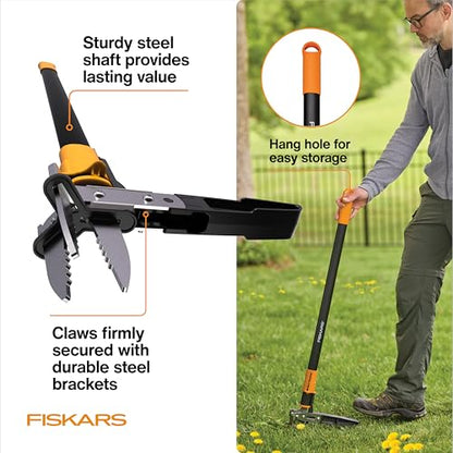 Fiskars Stand-Up Weed Puller Tool, 3 Serrated Stainless Steel Claws, 39" - style: 3-claw