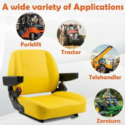 Universal Tractor Seat, Zero Turn Mower Seat with Adjustable Safety Belt Armrest Micro Switch for John Deere ZTR Skid Steer Loader Telehandler Dozer Excavator