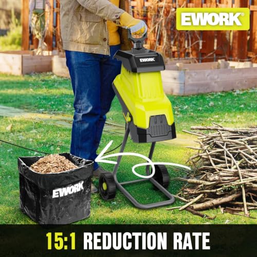 EWORK 15 Amp Electric Wood Chipper Shredder, Max 1.8" Cutting Diameter | 4 SK5 Blades, 15:1 High Reduction Ratio with 45L Collection Bag, Efficient Mulcher for Garden Compost - color: Green