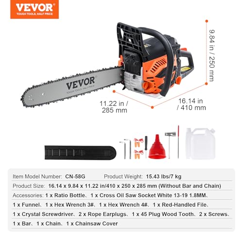VEVOR Gas Chainsaw 58CC 2-Cycle 20 Inch 3.22HP Gasoline Powered Chainsaw - size: 58CC-20inch