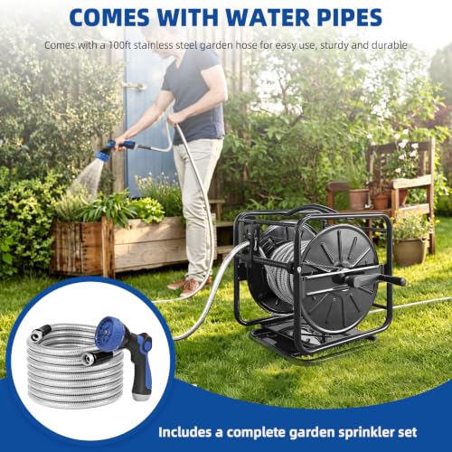 Heavy Duty Metal Garden Hose Reel with 100 Ft 3/4-Inch Water Pipe