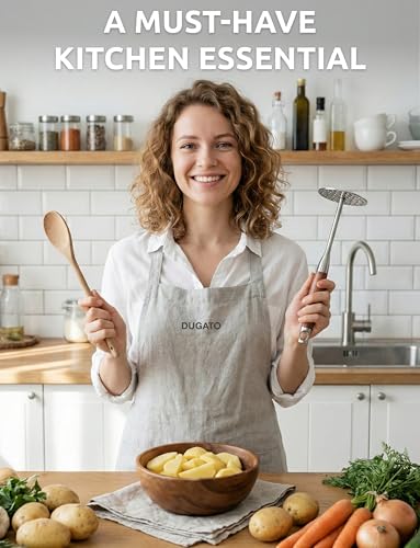 DUGATO Potato Masher, Stainless Steel Masher Tool with Wood Handle