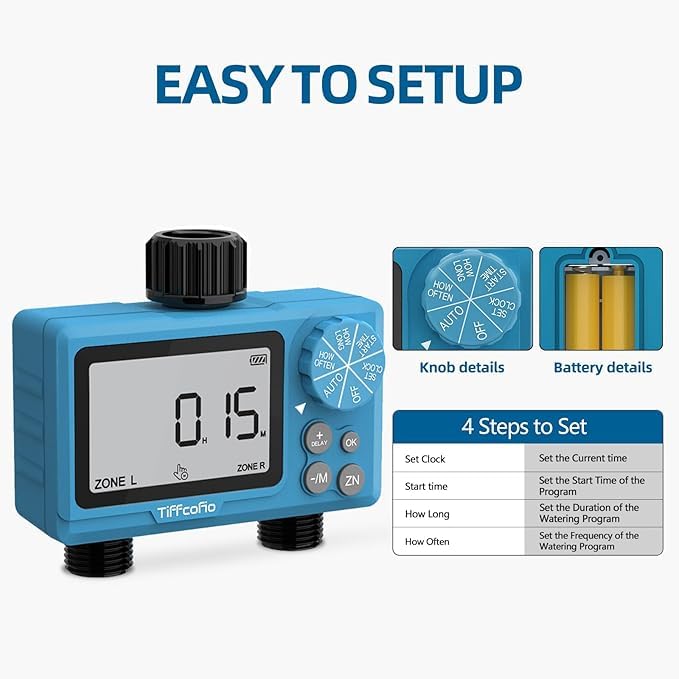 TiFFCOFiO Sprinkler Timer Outdoor, Digital Programmable for Garden Hose, Irrigrtion Timer with Rain Delay and Manual Mode (2 Outlets, 2 Packs) - size: 2 Outlets, 2 Packs