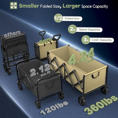 HIKEMOON 34'' Extra Long Folding Portable Wagon Cart, 120L 360LBS Khaki - color: Khaki