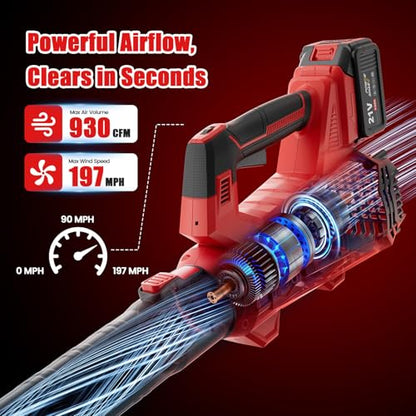 Leaf Blower Cordless 930 CFM 197 MPH with 2 x 4.0 Ah Battery Powered - color: Tomato red