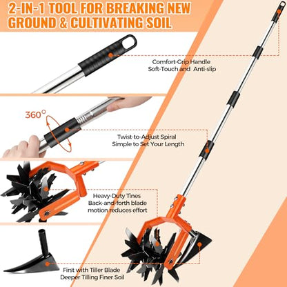 Manual Hand Tiller for Gardening, Rotary Cultivator with Tilling Blade