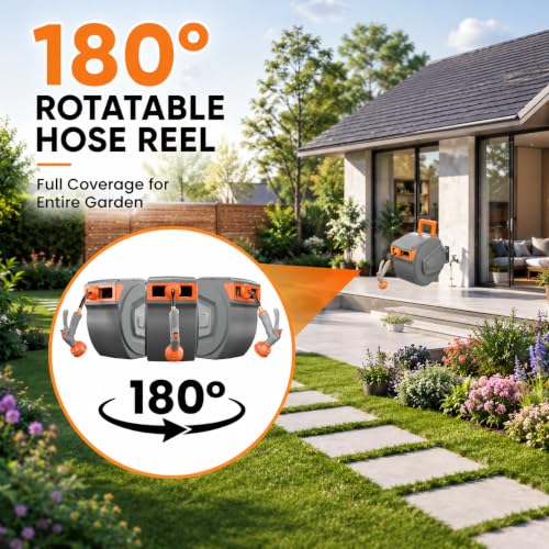 Retractable Garden Hose Reel,Heavy Duty Water Hose Reel,Wall Mounted with 9-Pattern Spray Nozzle,Any Length Lock,Slow Retract System,180° Swivel for Yard,Lawn,Patio & Car Wash (Grey, 1/2" x 78 FT) - color: Grey, size: 1/2" x 78 FT