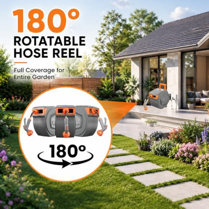 Retractable Garden Hose Reel,Heavy Duty Water Hose Reel,Wall Mounted with 9-Pattern Spray Nozzle,Any Length Lock,Slow Retract System,180° Swivel for Yard,Lawn,Patio & Car Wash (Grey, 1/2" x 78 FT) - color: Grey, size: 1/2" x 78 FT