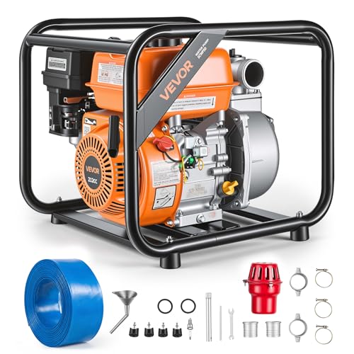 VEVOR Gas Powered Water Pump, 2 in, 132 GPM 7HP Semi Trash Water Transfer Pump Portable, Gasoline Engine with 25 ft Discharge Hose, Heavy Duty Frame, Cast Iron Impeller, for Irrigation, Ponds, Pools - size: 2in 7.0 HP 132 GPM