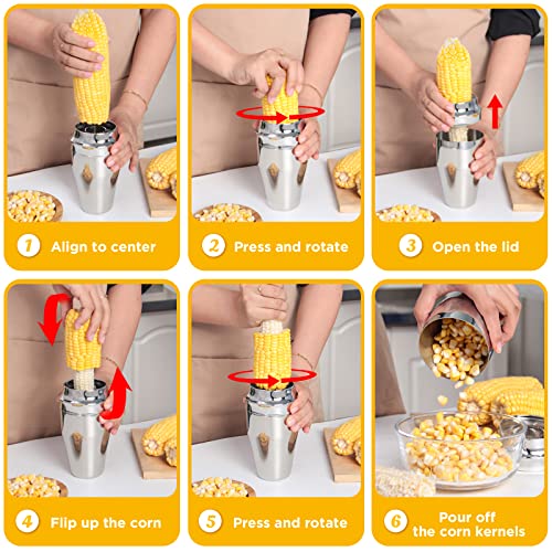 YYP Corn Cutter Peeler, Corn Cob Stripper with Cup [No Splatters or Mess], 304 Stainless Steel Corn on the Cob Remover Kitchen Tool, Corn Kernel Shucker Separator Slicer with Serrated Sharp Blade