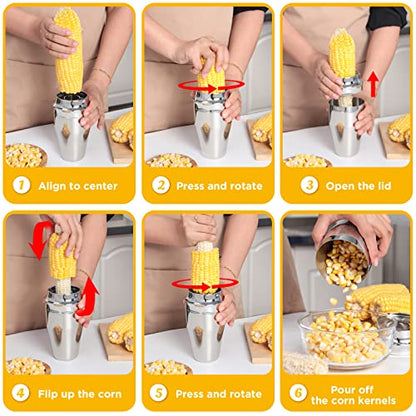 YYP Corn Cutter Peeler, Corn Cob Stripper with Cup [No Splatters or Mess], 304 Stainless Steel Corn on the Cob Remover Kitchen Tool, Corn Kernel Shucker Separator Slicer with Serrated Sharp Blade