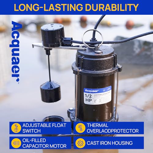 Acquaer 1/2 HP Submersible Sewage Pump 6000 GPH Auto Vertical Float Switch - color: Deep Black