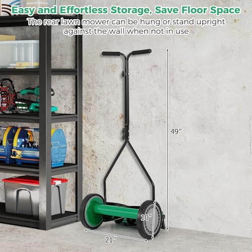 Push Lawn Mower, 14" Manual Rear Mower with 5 Steel Blades, Adjustable Cutting Heights & Grass Catcher Bag, Walk-Behind Grass Cutter Lawn Sweeper for Garden, Park & Yard (Green) - color: Green, size: 14"