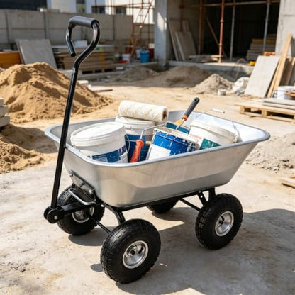 300LB Steel Garden Dump Cart 4-Wheel Wagon Poly Tray 55L Silver Tilting Bed