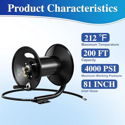 M MINGLE Pressure Washer Hose Reel 200ft x 3/8" / 350ft x 1/4", 4000 PSI - size: 200FT