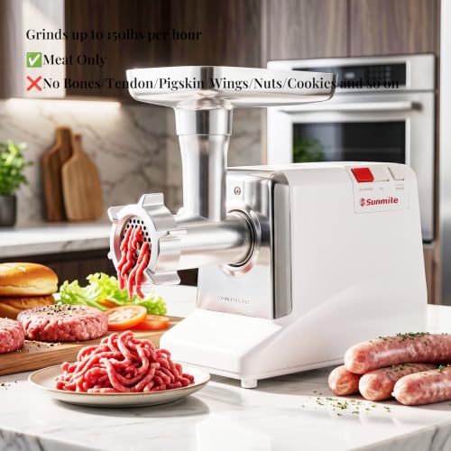 Sunmile SM-G50 ETL Electric Meat Grinder - Max 1.3 HP 1000W Heavy Duty Meat Mincer Sausage Grinder - Metal Gears, Reverse, Circuit Breaker, Stainless Steel Cutting Blade and Plates, 1 Sausage Stuffs