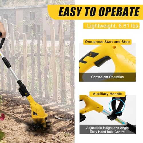 Cordless Electric Garden Tiller Cultivator, Lightweight Rototiller for Gardening,7.8-Inch Tilling Width,5-Inch Depth for Soil Preparation, Weeding, and Gardening 2 Batteries