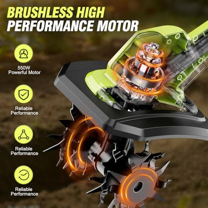 Cordless Tiller Cultivator, 21V Lightweight Tiller for Gardening with 2 * Batteries, Brushless Electric Tiller with 48 Steel Tines, 400RPM, 9.5" Tilling Width, 7" Depth for Gardening, Soil Turning