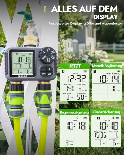 Insoma 2-Zone Sprinkler Timer Brass Inlet/Outlet, Water Hose Timer with Auto/Manual Modes + Rain Delay | Big LCD Dispay | Hose Timers for Garden, Yard Lawn, IPX5 Waterproof & Save Water - size: 2 Zone-V2.0-Brass