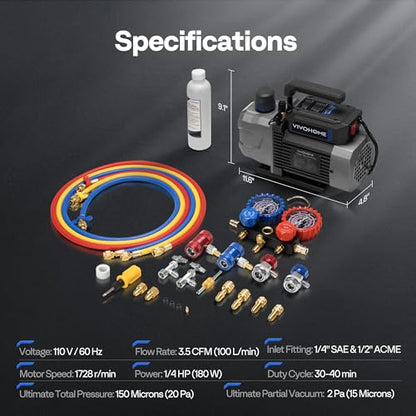 VIVOHOME A2L 1/4 HP 3.5CFM 1 Stage AC Vacuum Pump and Manifold Gauge Set - size: 3.5 CFM