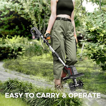 SOARFLY Cordless Tiller Cultivator 9" Width 6.6" Depth, 2×4.0Ah Batteries