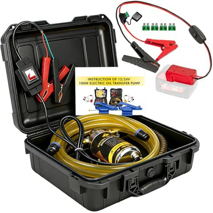 12V/24V 100W Oil Change Pump Set, Fast 1-4L/min Flow Oil Transfer Pump with Red Battery Adapter Compatible with Milwaukee M18 18V Battery, Fluid Transfer for Trucks, Boats, Lawnmowers - color: SET 02+Red battery adapter