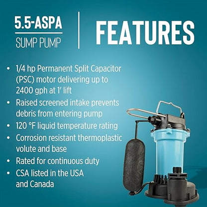 Little Giant 5.5-ASPA 115V, 1/4 HP Aluminum Automatic Sump Pump, 10' Cord