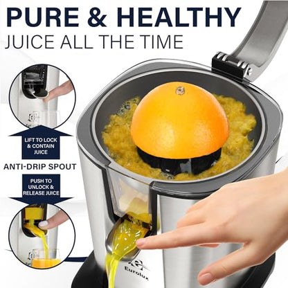 Eurolux Power-Pro Premium Electric Citrus Juicer - With 300 Watts of Power, The Most Powerful Juicer, For An Easy Smooth Juicing Experience | New Updated Design - color: Stainless Steel, size: Pro XL Size