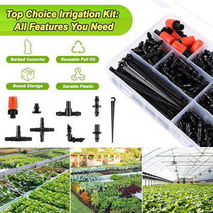 250 Pcs 1/4 Inch Drip Irrigation Fittings Kit, Complete Barbed Connectors Set for 1/4" Tubing - Includes Nozzles, Nozzle Tees, Single Barbs, Couplings, Tees, Elbows, Plugs, Crosses, Stakes - size: 1/4" Kit With Box Storage-250P