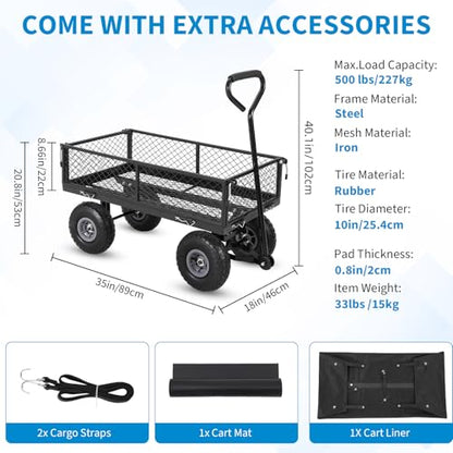 Heavy Duty Steel Garden Cart Wagon, 500 Lbs Capacity, Folding Utility Wagon with Removable Mesh Sides & Liner, 10" Pneumatic Tires, Pull Handle, for Lawn, Yard, Farm, and Outdoor Tasks - Black - color: Black