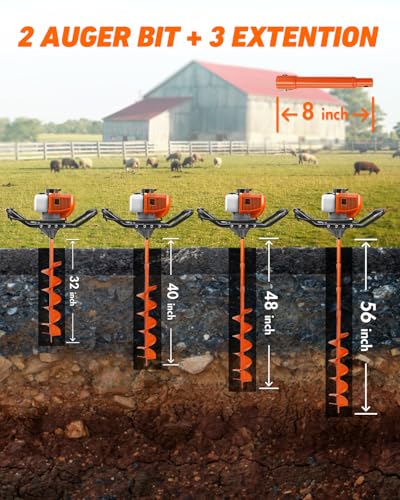 NEO-TEC 63CC Post Hole Digger Gas Powered, 2-Stroke Earth Auger Gas Auger - size: 63CC+6"+10"+3 Extension