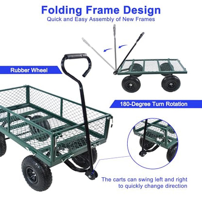 Steel Garden Cart, 2-in-1 600 lbs Heavy Duty Utility Wagon, with Removable Mesh Sides to Convert into Flatbed, 240° U-Turn 10" Pneumatic Tires Garden Wagon for Farm Yard Lawn Garden Camping (green) - color: Green
