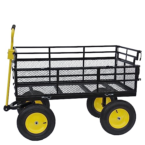 Large Steel Multifunctional Garden cart with Four Detachable Double Side Plates,Four-Wheeled Trailer can be Used in Farms,Warehouses and Other Places. - color: Big Double Baffle Black+yellow