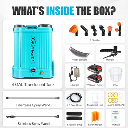 4 Gallon Battery Powered Backpack Sprayer with Auto-Mixing, Compatible with Makita 18V Battery, Dual 21V 2.6Ah Battery, 2 Spray Wands (Stainless & Fiberglass), 100 PSI Garden Sprayer for Lawn Care