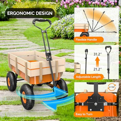 VINGLI Steel Garden Wagon Cart on Wheels, 330lb Load Capacity, Removable Heavy Duty Wooden Side Panels, with Extendable Handle and 10inch All-Terrain Tires, Wheelbarrow for Yard Landscaping (Orange) - color: Orange