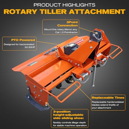 3 Point Rotary Tiller Attachment, Fits Cat 1 Tractors - size: 45 Inch