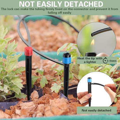 SiliFine 32 Pcs Drip Irrigation Emitters Garden Drip Emitters for 1/4 Inch Tubing Irrigation Drippers Sprayer 360 Degree Water Flow Drippers for Garden Flower Bed(Red and Blue,Single Hook) - style: Minimalist